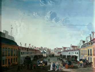Binnenplaats van de keizerlijke postkoetsdienst, begin 19e eeuw
