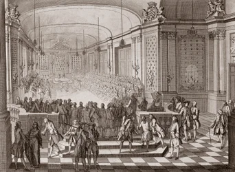 Interieur van de Jacobijnenhal, in Nantes, tijdens de vergadering van de Verenigde Staten van Bretagne in 1764.