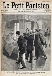 Verhoor van de anarchist Auguste Vaillant (1861-1894) in het Hotel Dieu waar hij de aanslag bekent die hij op 9 december heeft gepleegd