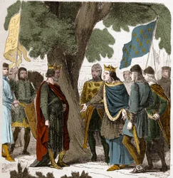 Interview van Gisors in Opper-Normandië tussen koning Filips August en koning Hendrik II 2 Plantagenet van Engeland (1133-1189) in 1188.
