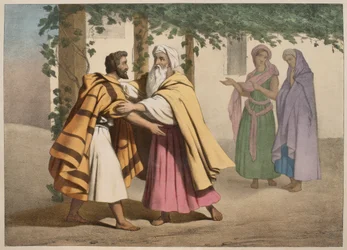 Jakob met Laban en zijn dochters, illustratie uit een catechismus L