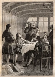 Jakob Roggeveen (1659-1729) Nederlandse ontdekkingsreiziger tijdens zijn reis naar de Stille Oceaan in 1722 - illustratie uit De Grote Zeevaarders van de 18e eeuw