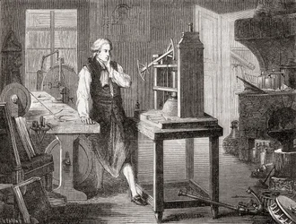 James Watt in zijn werkplaats in Glasgow, verbeterend aan Thomas Newcomen