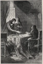 Jean Chapelain (1595-1674) Franse dichter en literair criticus en Pierre Costar (1603-1660) gaven Jean Baptiste Colbert (1619-1683) een lijst van schrijvers die een pensioen van de koning verdienen - gravure in 
