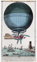 Jean Pierre Blanchard (1753 - 1809) en John Jefferies (1745 - 1819) arriveren in Calais na het oversteken van het Engelse Kanaal in een heteluchtballon op 7 januari