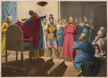Jezus Christus voor Kajafas, illustratie uit een catechismus L