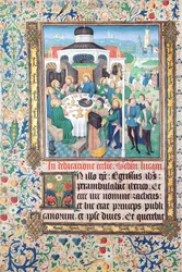 Jezus eet in het huis van de tollenaar, Zacheüs en de Intocht in Jeruzalem, miniaturen uit het Evangelie van Lucas