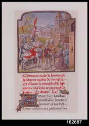 Jan van Gent ontvangen door de burgers van Bayonne bij de stadspoorten, uit Froissarts Kroniek, eind 15e eeuw