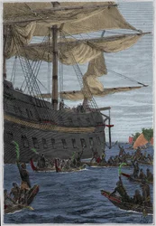 Reis van Samuel Wallis (1728-1795) naar Polynesië: inheemse mensen met bananentakken in de hand als welkomstgroet - illustratie uit 