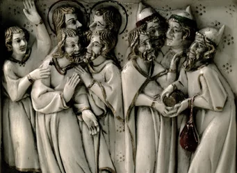 Judas ontvangt dertig zilverstukken, detail van ivoren diptiek, Frans