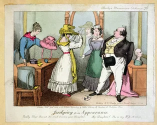 Oordelen op uiterlijk, nummer 76 van Busbys Humoristische Etsen, gegraveerd door Thomas Busby (fl. 1804-21) 1828