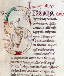 Goochelaars en muzikanten - lettrine S (initiaal). Miniatuur uit het manuscript "Moralia in Job", Morales sur Job door Saint Gregoire, van de abdij van Citeaux