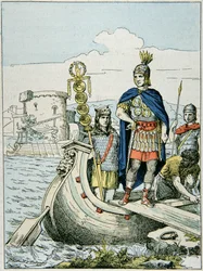 Julius Caesar vertrekt om piraten te straffen die hem voor losgeld vasthielden (kleur litho)