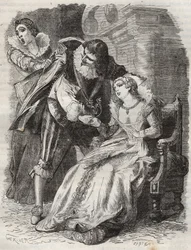 Springend als een woedende, grijpt de hertog bij zijn jas... Koningin van Frankrijk Anne van Oostenrijk (1601-1666) en de Hertog van Buckingham (George Villiers)