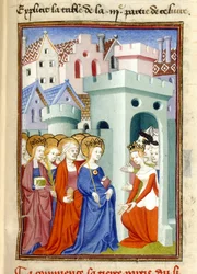 Gerechtigheid, de Maagd en Heiligen, MS Harley 4431, f.361r, Frankrijk, c.1410-14