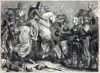 Koning Alfons V de Grootmoedige (v. 1396-1458), koning van Aragon, verovert het koninkrijk Napels. Gravure in 