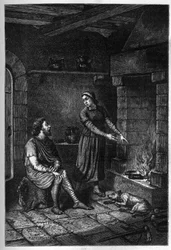 Koning Alfred de Grote (849-899) vergeet de taarten die door het Deense huis onder haar dak in Athelney zijn bereid, en verbrandt ze, 878 (gravure)