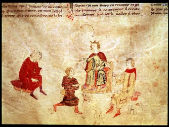 Koning Arthur op zijn troon omringd door zijn adviseurs, uit de Roman de Meliadus