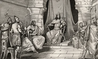 Koning Charibert (521-67) in raad met magistraten, uit 