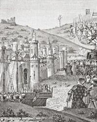 Koning Karel VII, bij het verlaten van Rouen, vertrekt om de stad Harfleur te belegeren, naar een miniatuur uit het 15e-eeuwse manuscript Chroniques de Monstrelet, uit Wetenschap en Literatuur in de Middeleeuwen door Paul Lacroix, gepubliceerd in Londen 18