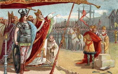 Koning Dagobert I (605-639), Merovingische koning van de Franken, legt de eerste steen van de Basiliek van Saint Denis in aanwezigheid van Saint Eloi. Chromolithografie uit de late 19e eeuw.