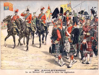 Koning Edward VII inspecteert Highland-troepen in Engeland