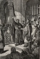 Koning Lodewijk VII (1120-1180) neemt de oriflamme in de Basiliek van Saint Denis (Saint Denis) in aanwezigheid van koningin Alienor van Aquitanië en ontvangt de hommel en pannetiere van de pelgrim uit de handen van paus Eugenius III (? -1153) voor zijn ve
