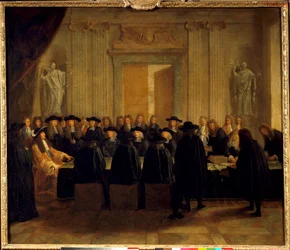 Koning Lodewijk XIV (1638-1715) met de zegels in aanwezigheid van de staatsraden en de meester van verzoeken terwijl hij zelf het ambt van kanselier van Frankrijk bekleedde tussen februari en april 1672 (anoniem schilderij)