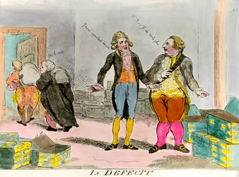 Koning Lodewijk XVI en het financiële tekort. Gravure van de 18e eeuw. Privécollectie