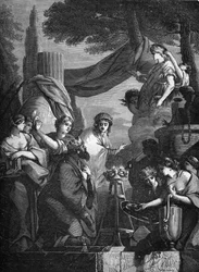 Koning Salomo (10e eeuw v.Chr.) omringd door zijn concubines. Gravure in 