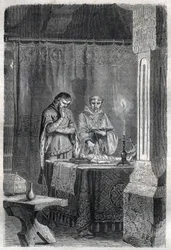 Koning van Frankrijk Karel V de Wijze (1338 - 1380) raadpleegde de waarzeggers. Gravure in 