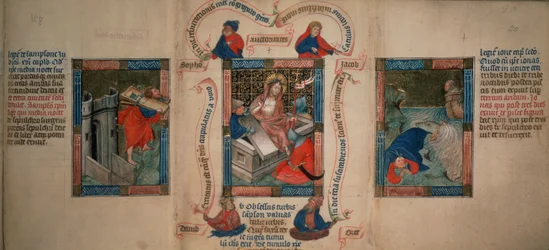 De Opstanding, Samson breekt de poorten van Gaza, Jona ontsnapt uit de walvis, uit de Biblia Pauperum, begin 15e eeuw