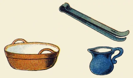 Keukengerei. Gravure in "ABC onbreekbaar op gelakt canvas". A. Capendu, uitgever, Parijs, eind 19e eeuw. Kinderboekwinkel geïllustreerd. 8 pagina
