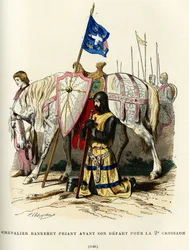 Ridder banierdrager (adellijke titel die het recht geeft om een banier te dragen) biddend voor zijn vertrek naar de tweede kruistocht (1147-1149). Kleurgravure, in 