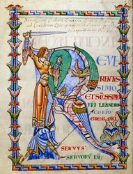 Ridder vecht tegen de draak - lettrine R (initiaal), Miniatuur uit het manuscript "Moralia in Job", Morales sur Job door Saint Gregoire, van de abdij van Citeaux