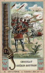 Ridder die een handkolf bedient uit de 15e eeuw. Chromolithografie uit de 19e eeuw van Guérin-Boutron chocolade.