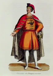 Ridder van de Hongaarse Orde van de Draak omvergeworpen, illustratie uit Histoire et Costumes des Ordres Monastiques door Pierre Helyot (1660-1716), 1842