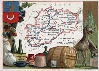 La Haute-Saone, Franche Comte, Frankrijk. Meel, Luxeuil Minerales, kirschwasser. Serie over de Franse departementen. Chromolithografie "de geografische draad", circa 1920. Privécollectie