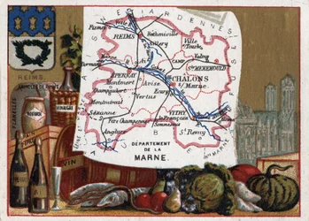 La Marne (51) in Champagne Ardenne, Frankrijk. Lokale specialiteiten: champagne en de Kathedraal van Reims. Serie over de Franse departementen. Chromolithografie 