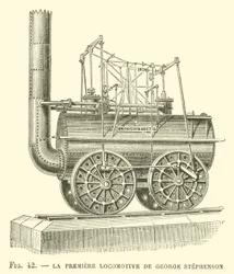 De Eerste Locomotief van George Stephenson (gravure)