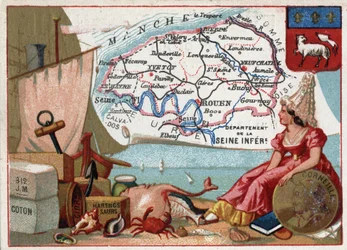 La Seine Inferieure, nu Seine Maritime (76), Haute Normandie (Haute-Normandie), Frankrijk. Lokale specialiteiten: katoen, cider, gerookte haring. Portret van Pierre Corneille (1606-1684), Franse toneelschrijver. Serie over de Franse Departementen. Chromoli