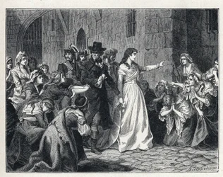 De Terreur tijdens de Franse Revolutie: Madame Jeanne Marie Roland de la Platiere (1754-1793) verlaat de Concierge gevangenis om voor het Revolutionaire Hof te verschijnen in 1793. Haar medegevangenen knielen op haar pad.