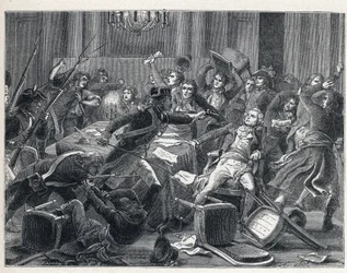 De Terreur tijdens de Franse Revolutie: arrestatie van Maximilien de Robespierre (1758-1794) en zijn aanhangers, verzameld in het Hôtel de Ville van Parijs op 9 Thermidor jaar II (27 juli 1794). In het midden vuurde een gendarme een pistool af op
