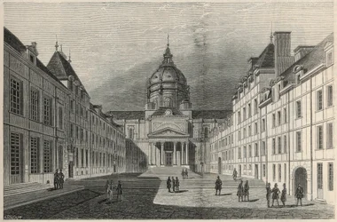 De binnenplaats van de Sorbonne in Parijs in de 19e eeuw - Gravure in 