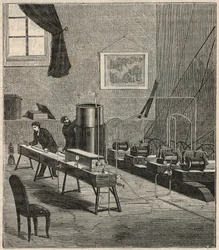 De vloeibaarmaking van gassen in het laboratorium van Raoul Pictet (1878) - Raoul Pierre Pictet (1846-1929) Zwitserse natuurkundige, voert een experiment uit om waterstofgas vloeibaar en vast te maken, en bestudeerde de eigenschappen van stoffen bij lage t