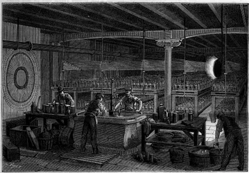 La salle des piles (oppervlakte 400 vierkante meter) van het centrale telegraafkantoor in Parijs. Gravure in 