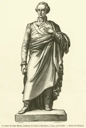 Het standbeeld van majoor Martin, oprichter van de school la Martiniere, in Lyon (gravure)