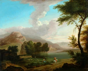 Landschap met figuren bij een meer