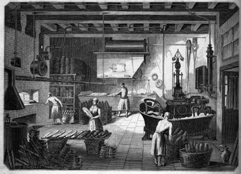 Grote Franse industrieën in de 19e eeuw: Drouot-apparaten voor het bakken. Fournil van de heer Courcier, rue Saint Maur in Parijs. In 