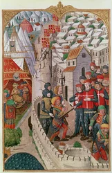 De executie van de twee Turken die Rhodos waren binnengedrongen en samenzweerden om de commandant van het garnizoen te vergiftigen in 1480, uit Een Geschiedenis van het Beleg van Rhodos, door Guillaume Caoursin, 148